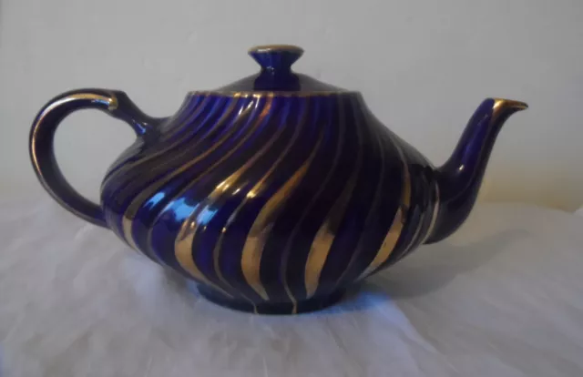 Vintage Arthur Wood Aladdin Lamp Shaped Teapot Navy Blue and Gold Swirl Pattern