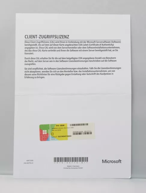 5 User / Benutzer CAL für Microsoft Windows Server 2016 Standard/Datacenter