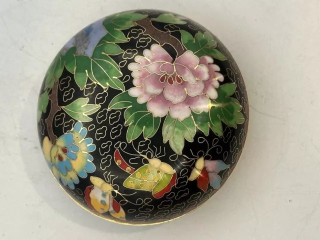 Cloisonné Lidded Round Trinket Box Brass And Enamel Butterflies And Flowers