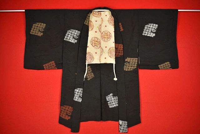 Vintage Japanese Kimono Silk Antique BORO Black HAORI Kusakizome Woven/B755/450