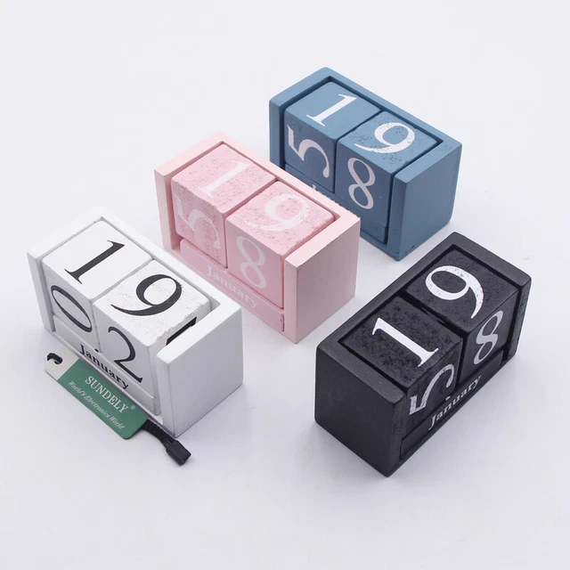 WOODEN SHABBY CHIC Design Perpetual Calendar Rotating Blocks Date Month