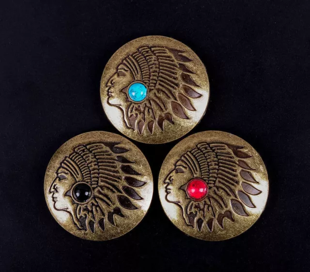 3X Brass Turquoise Leather craft Decor Indian Head Southeast Concho Screwback