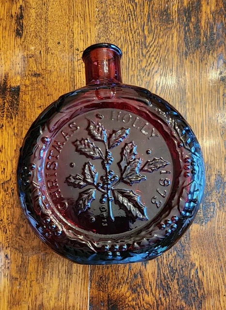 Vintage Wheaton Ruby Red 1973 Christmas Holly bottle 7" Tall x6" Millville NJ