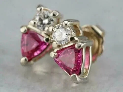 1.50Ct Trillion Lab-Created Pink Sapphire Stud Earrings 14K Yellow Gold Plated