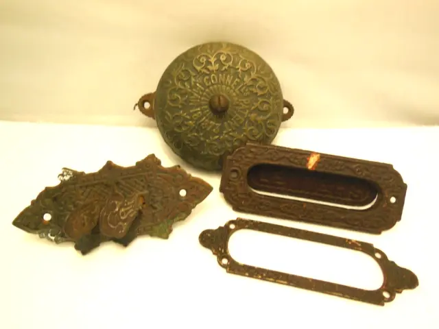 Antique 1873 Ornate Brass Doorbell & Cast Iron Door Handle & Letter Slot & Plate