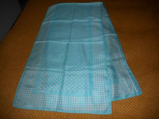 Jaeger Long Silk Scarf - Turquoise and White Polka Dots. Rolled Hems