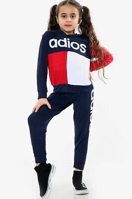 Girls Adios Navy Red White Outfit Top & Leggings Tracksuit Age 7 8 9 10 11 12 13