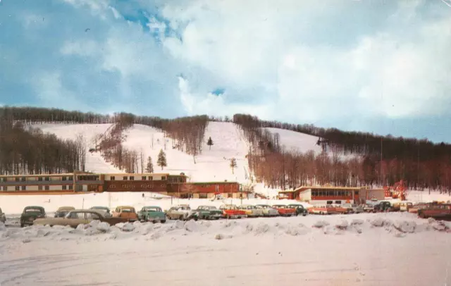 Boyne Falls, MI Michigan  BOYNE MOUNTAIN SKI LODGE 50's Cars  ROADSIDE  Postcard