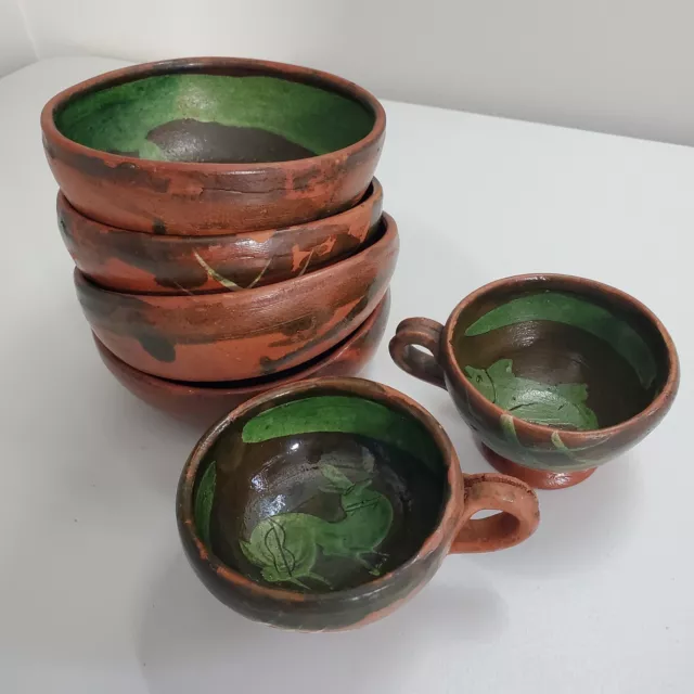 Patamban Michoacan Green Redware Pottery 4 Bowls 2 Cups Mexican Bird Fish Llama