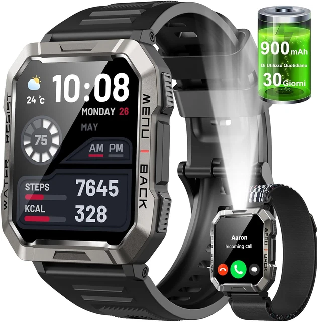 mingwear Smartwatch Uomo 1.75 AMOLED 730mAh 110+ Sportive Orologio Smartwatch con Sonno/Cardiofrequenzimetro/Torcia LED Militare Smartwatch Compatibile iOS Android (Risposta alle Chiamate Bluetooth