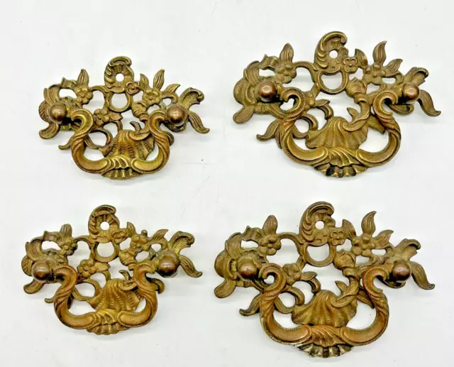 Set of 4 Vintage Antique Ornate Brass Drop Handle Drawer/ Cabinet Pulls Matching