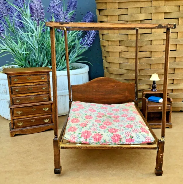 Beautiful Vintage Wooden Dollhouse Furniture Bedroom Set - Very Unusual, Four Po