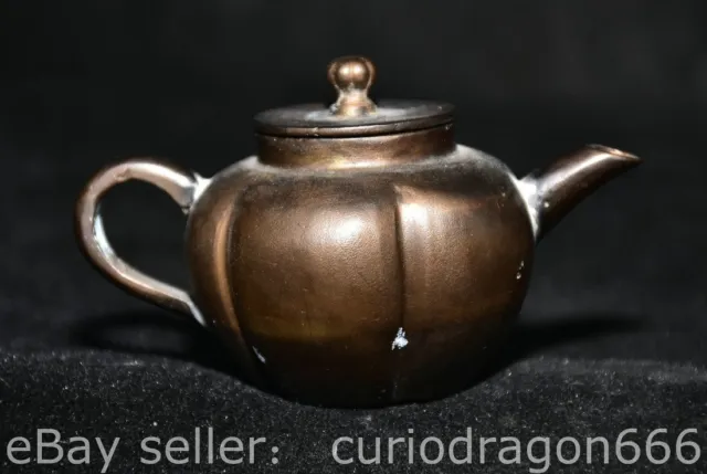 3.2" China Lila Bronze geschnitzte Kürbisform Kleine Wein Teekanne Flagon