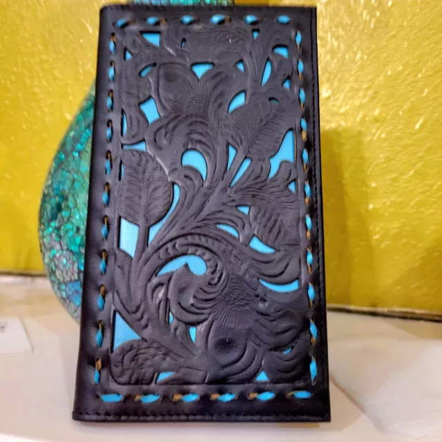Western GENUINE LEATHER Wallet hand Tooled Long Bifold Checkbook black and teal