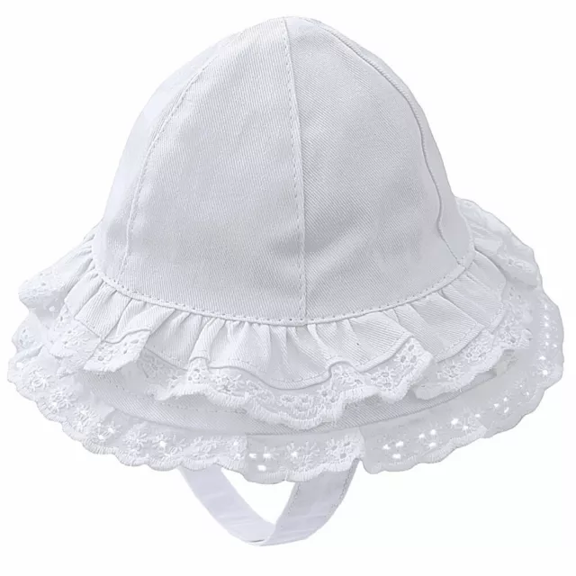 Baby Girl Summer Sun Hat White Cotton Spanish Style Wide Brim Chin Strap 0 - 6M