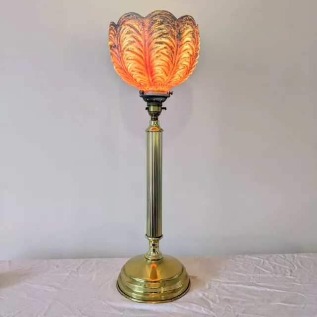 Vintage Mid Century Large Brass Column Lamp Scallop Shell Glass Shade 1970s MCM