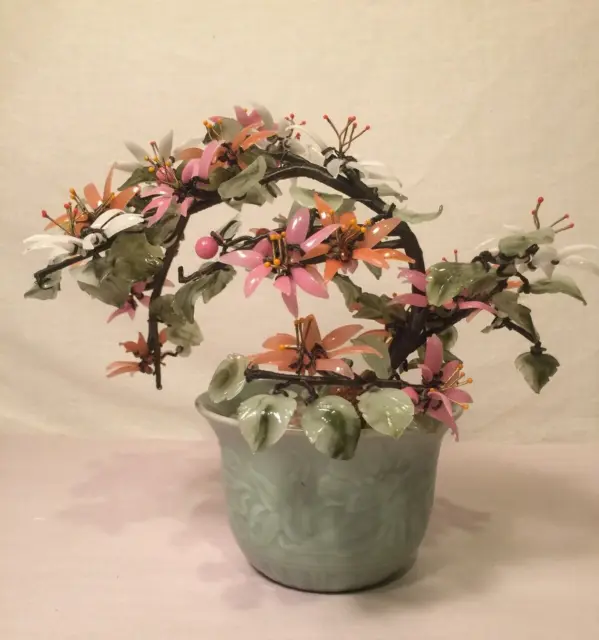 Vintage Large Chinese Jade Stone Glass Bonsai Flower Tree