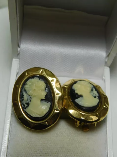 Elegant Victorian Style Black Cameo Young Lady Gold tone Mourning Clip Earrings