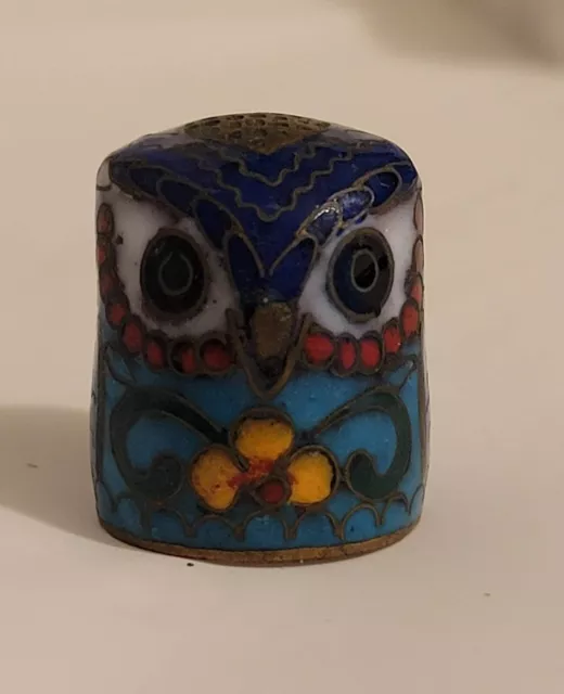 Owl Bird Thimble Blue Tone Cloisonné Enamel 1" Vintage