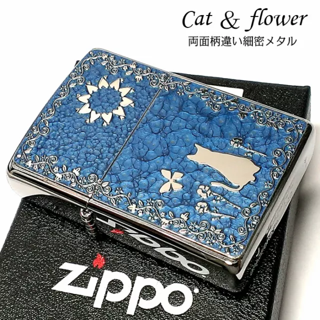 Zippo Oil Lighter Cat Flower Blue Metal Plate Silver Etching Regular Case Japan