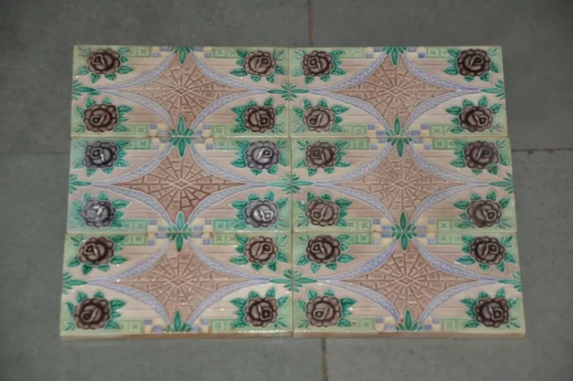 6 Pc Vintage Rose Flower & Net Design Embossed M.S Mark Ceramic Tiles,Japan