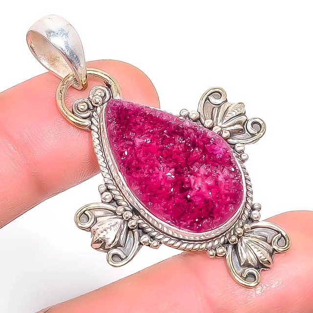 Pink Quartz Drusy Gemstone 925 Sterling Silver Bali Pendant 2.07" T3