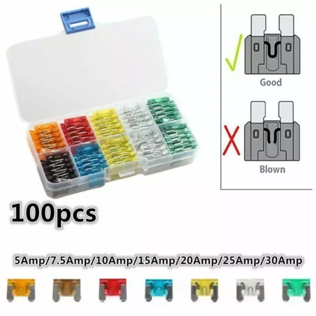 100x Assorted Auto Car Micro Mini Low profile Blade Fuse 5A 7.5A 10A 15A 20A 25A