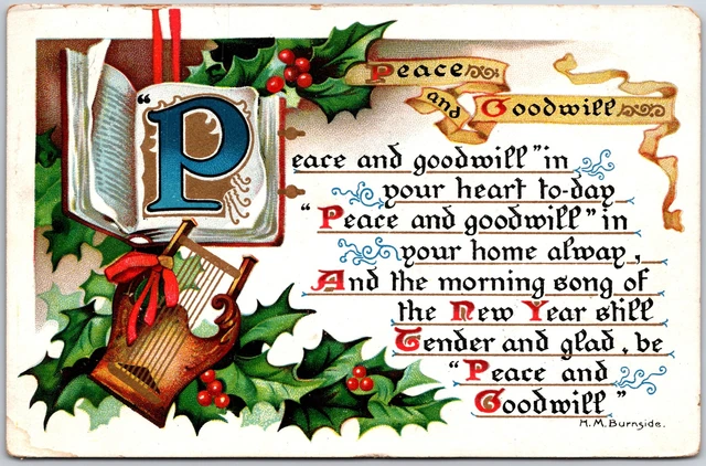 1907 Peaceful and Goodwill New Year Greetings Book Holy Leaf Posted Postcard