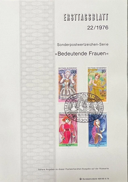 Ersttagsblatt Sonderserie Bedeutende Frauen 1976 Sonderpostwertzeichen