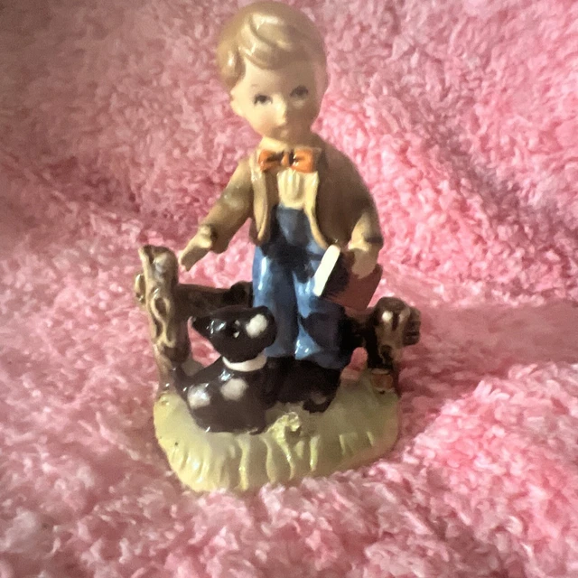 Vintage Boy with Dog Puppy "Back to School" Hand Painted Ceramic Figurine Japan