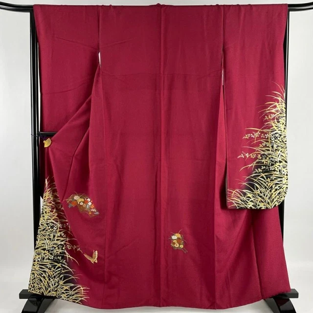Japanese Kimono Furisode Pure Silk Fan Surface Butterfly Embroidery Gold Thread