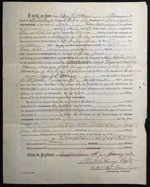 1864 **Civil War** ~Co. H, 27Th Reg Iowa Volunteer Infantry~ Discharge Document!
