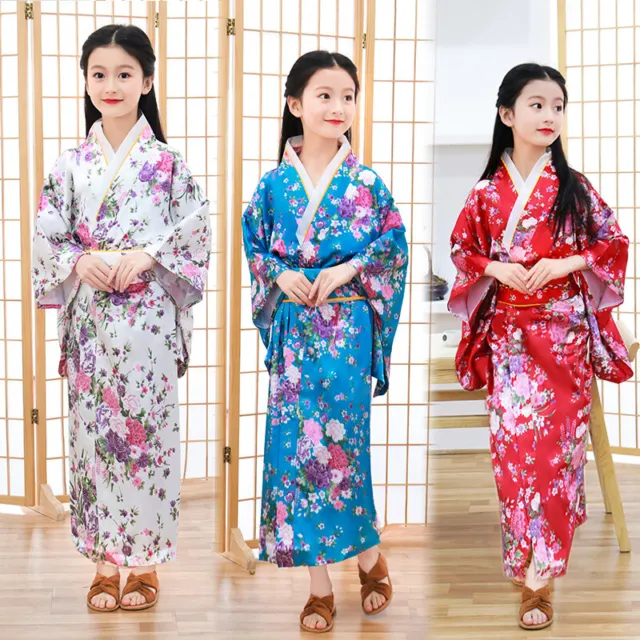 Japanese Girls Kimono Robe Chinese National Silk Satin Wafuku Summer Sleepwear
