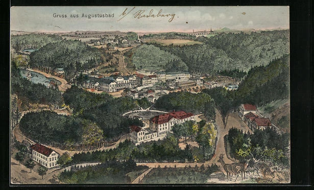 Künstler-AK Augustusbad, Teilansicht mit Straßenpartie 1909