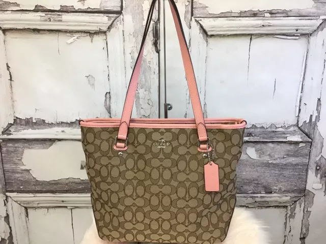 COACH OUTLINE SIGNATURE Khaki Pink Zip Top Tote Bag F58282 65.00 PicClick