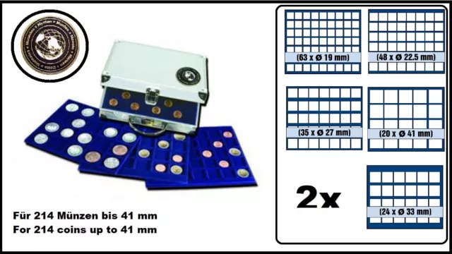 ALU Münzkoffer MIXED SAFE 176 6 Tableaus MIXED 19 - 41 mm für 214 Münzen