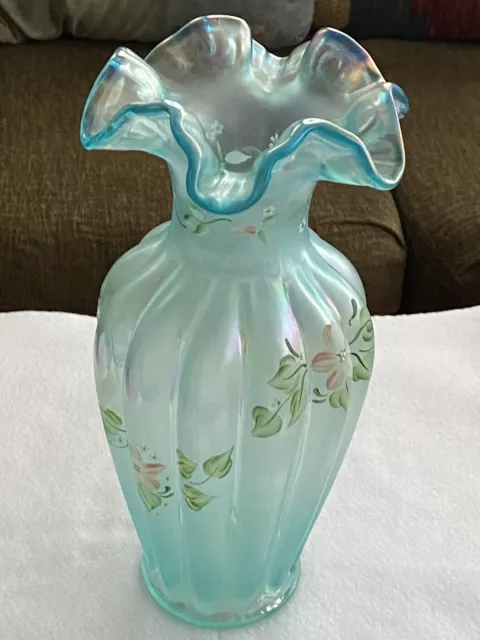 Fenton Hand Painted By T. Grove Iridescent Light Blue w/Flowers Beautiful!