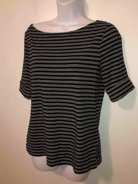 Lauren RALPH LAUREN sz L - Black & white STRIPED Boatneck Cuffed 1/2 Sleeve tee 2