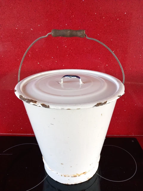 Vintage 11" White Enamel Bucket with Lid. Garden Bucket.Used.1930s.