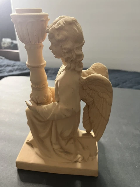 Vintage Ceramic Kneeling Angel  Holding Candle Holder Figurine 11 1/4” Tall
