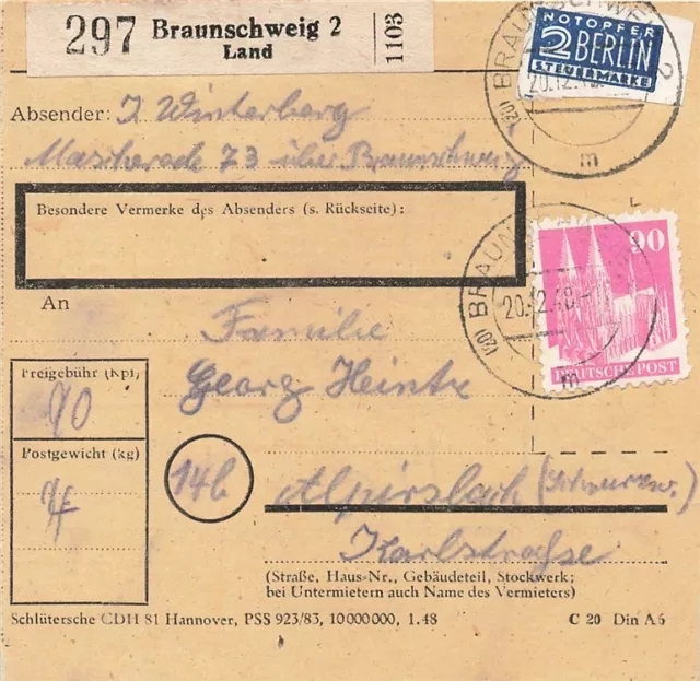 696137) all. Bes. Bauten EF Nr.96 auf Paketkarte Braunschweig 2 Land