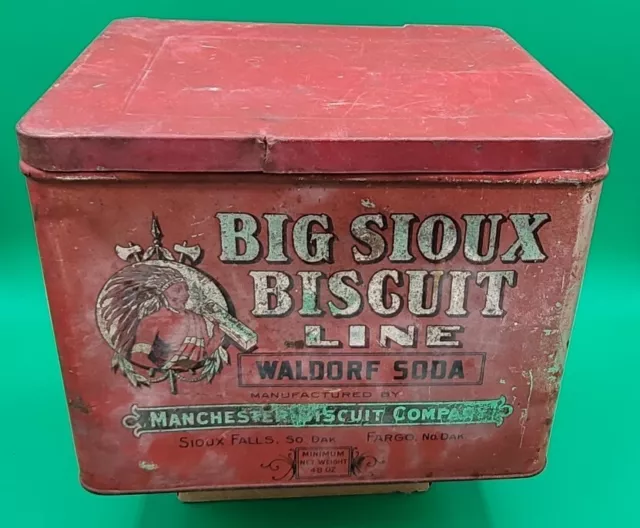 Early 1900's BIG SIOUX BISCUIT Line LARGE TIN - Fargo, ND - Sioux Falls, SD!