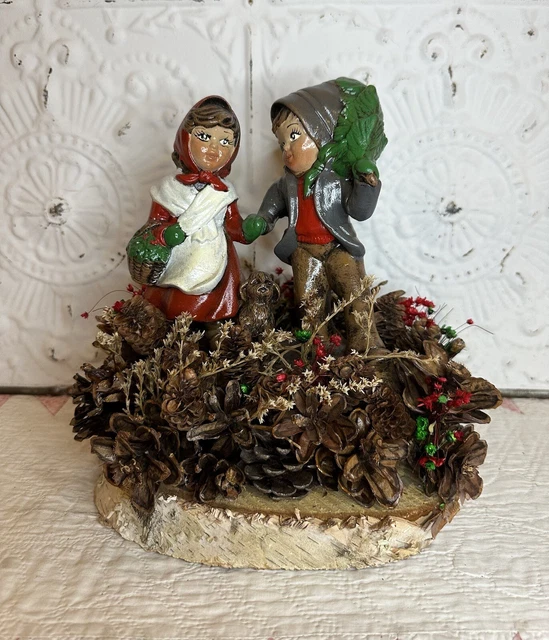 Vintage Ceramic Girl Puppy Boy Carrying Tree Christmas Figurine Birch Pine Comes