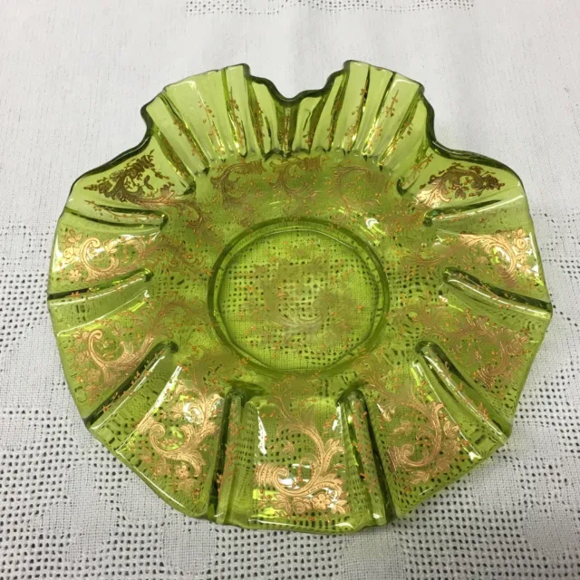 Vintage Hand Blown Green Art Glass Bowl ~Hand Painted Gold Decor & Ruffled Edge