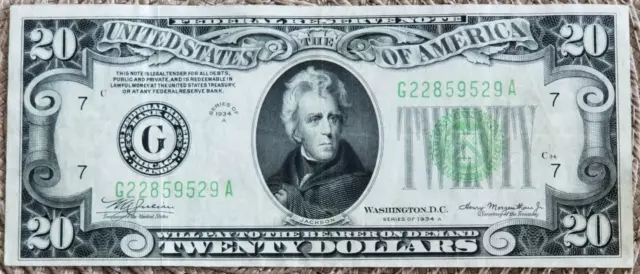 1934 A Chicago, IL $20 Federal Reserve Note Bill Circulated (Must See Photos)VF