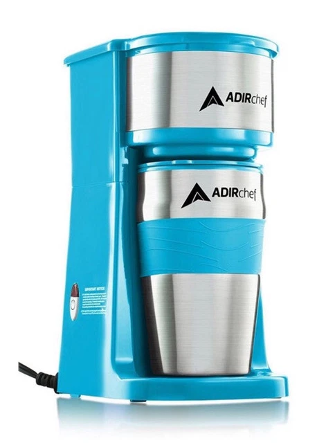ADIRchef Grab N' Go Personal Coffee Maker with 15oz Travel Mug - Crystal Blue