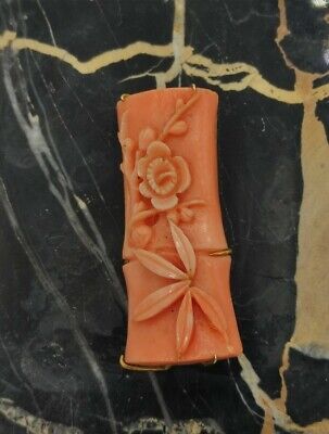 14K Gold Natural red Coral Hand Carved Floral Brooch Pin Chinese/japanese