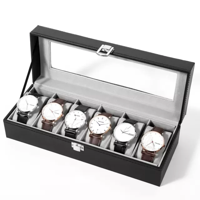 UTEN 6 Slots PU Leather Watch Box Jewelry Display Storage Case w/Real Glass
