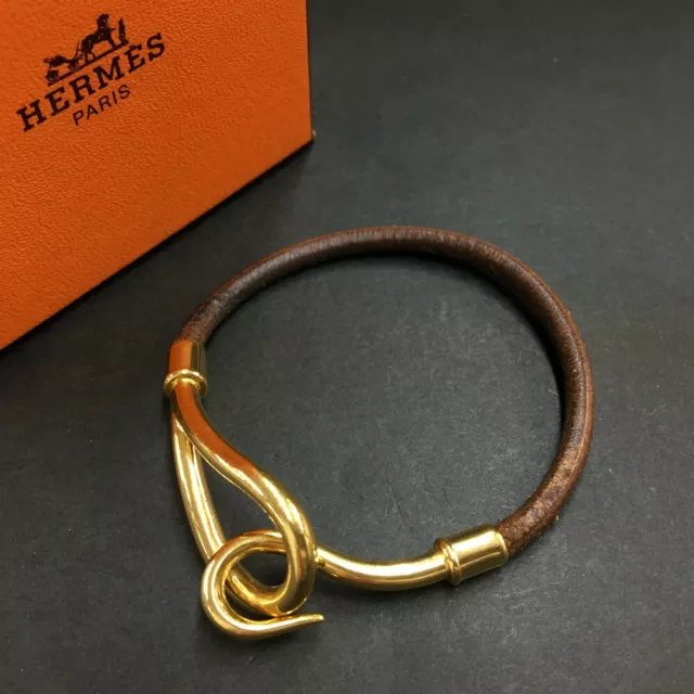 HERMES Jumbo Bangle Bracelet Leather Gold Brown Tone/9Y0282