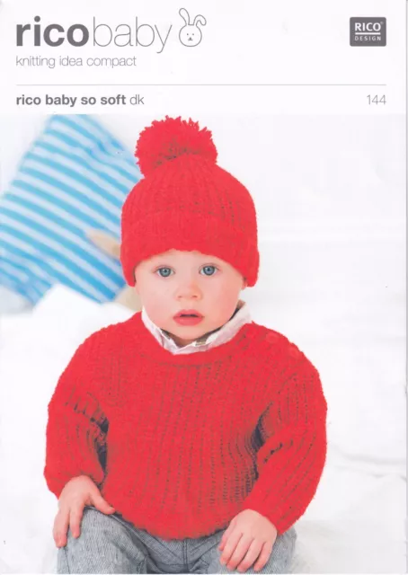 Rico neues Strickmuster 144 Babypullover & Mütze 16-26" 0-7 Jahre DK
